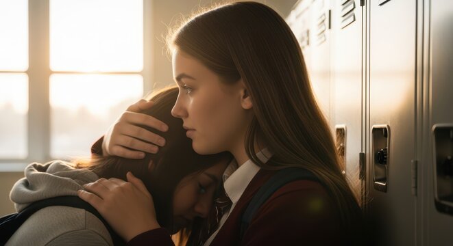 Teen girl hugging and comforting sad friend in school hallway beside lockers showing empathy care and emotional support during difficult moment