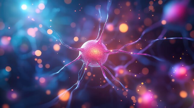 Neuron communicating with glowing neural network brain synapses