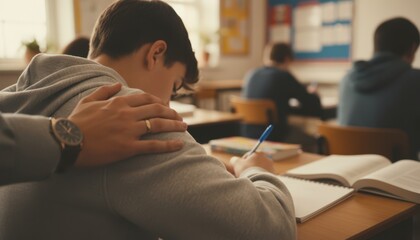 Teacher offering support to student writing in classroom during study session with warm natural light and calm learning atmosphere