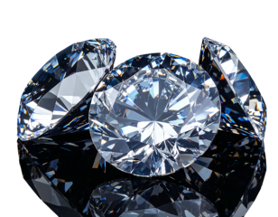 Close-up of three flawless, round-cut gemstones. Intense brilliance and reflections against a glossy black background. Precious jewels