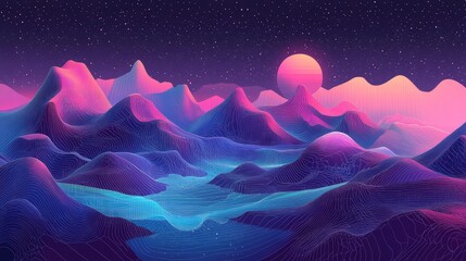 Retro neon landscape with synthwave style mountains and sunset