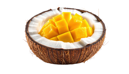 Close up of a Halved Coconut Filled with Fresh, Juicy Mango Cubes on a Transparent background with Water Ripples