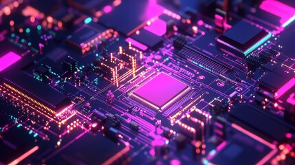 Obraz premium Digital circuit board with glowing neon data lines