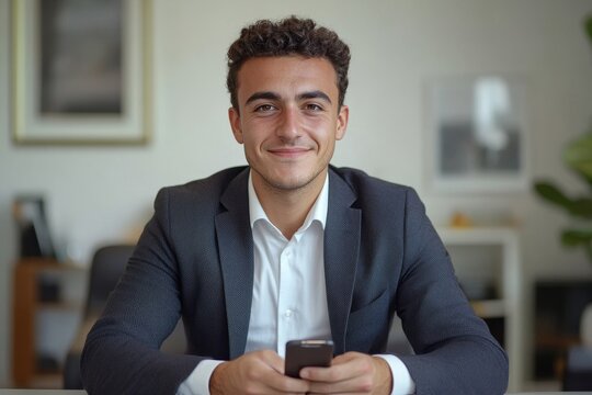 Successful young male businessman sits at an office desk in a suit, using his mobile phone and smiling confidently, feeling accomplished and in control, Generative AI