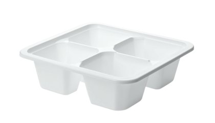 White plastic tray with four square compartments