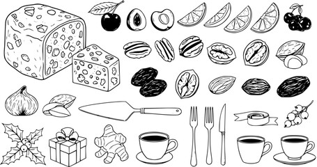 Hand-drawn collection of Christmas baking ingredients, dried fruits, nuts, holiday elements (gingerbread, holly), and kitchenware for festive recipes.