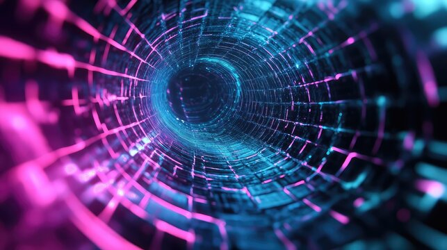 Neon futuristic tunnel with glowing grid lines