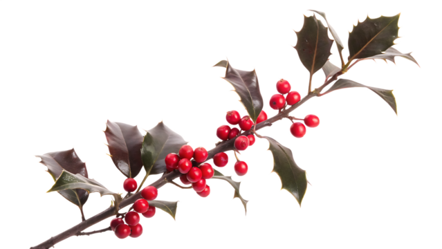 Single Holly Branch with Red Berries and Dark Green Leaves Isolated winter isolated on a transparent background