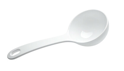 Angled white spoon with a rounded bowl on a dark background