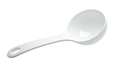 Angled white spoon with a rounded bowl on a dark background