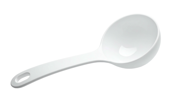 Angled white spoon with a rounded bowl on a dark background