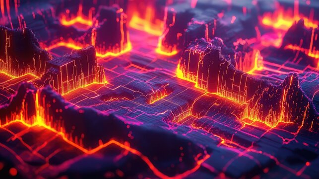 Digital landscape with glowing neon data circuits network