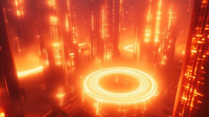 Futuristic server room with glowing orange data connections