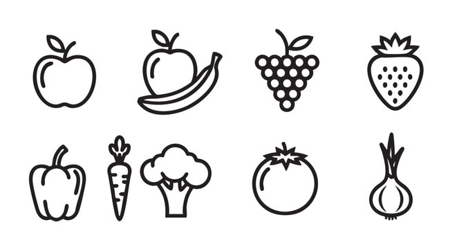 Healthy eating line art vegetables and fruits on white background