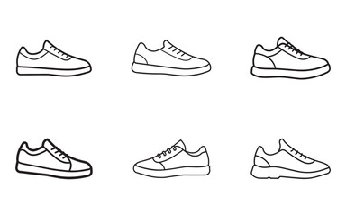 Outline Illustrations of Various Sneaker Designs with Laces and Different Styles Depicted on a White Background Vector Illustration
