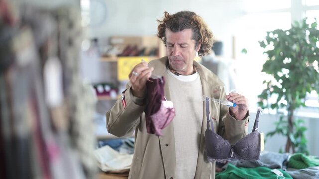 Seasonal trade sale, customer review at products in store and pick out clothes. Man search and choose bra, purchase some wardrobe items. Style and fashion type look, modern trends.