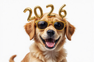 a proud puppy celebrates the beginning of the new year 2026 with gold and shiny glasses. happy new year 2026 and merry christmas postcard funny greeting card. white background. 3d rendering.