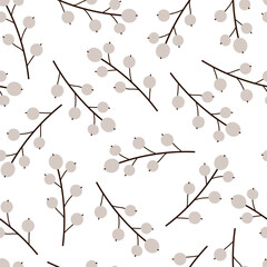 Vector seamless pattern with branches of light-colored berries. Suitable for packaging, printing, textiles, wallpaper, and children's design.
