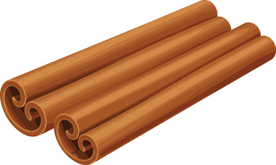 Three cinnamon sticks illustration showing rolled bark texture and rich brown color for culinary, botanical, and spice-themed design
