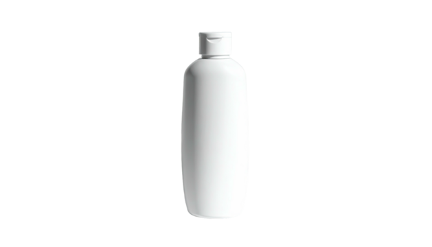 White plastic bottle with flip-top, centered on a black backdrop