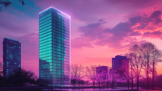 Modern skyscraper glowing against dramatic sunset sky - Powered by Adobe