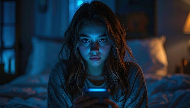 Young woman sitting on bed in dark bedroom staring at smartphone screen with blue light reflecting on face during late night scrolling - Powered by Adobe