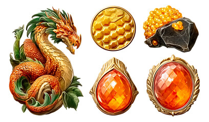 Fototapeta premium Majestic Dragon with Glittering Hoard Illustrations on Transparent Background