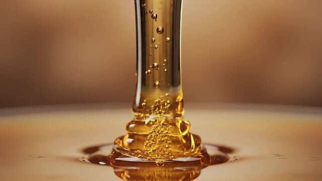 Close-up of golden, viscous liquid beautifully pouring, forming a thick, shimmering pool with elegant ripples against a warm, inviting background, capturing the luscious texture and rich, amber hue