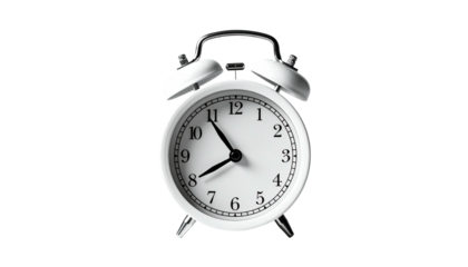 White alarm clock with twin bells against a black background