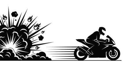 Dynamic motorcycle rider speeding away from fiery explosion scene