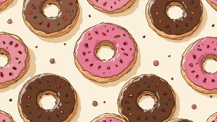 Fototapeta premium A seamless donut pattern illustration background with simple icing dots on pale cream surface