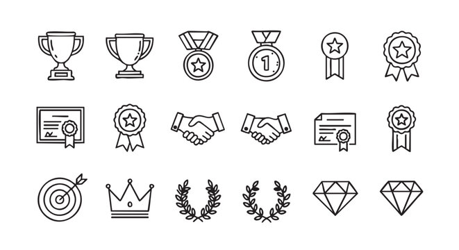 Line Art Illustration Featuring Awards Achievement and Business Success Elements