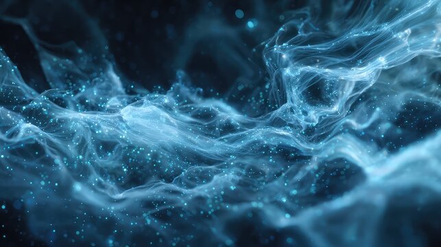 Glowing blue particles flowing in abstract ethereal light nebula