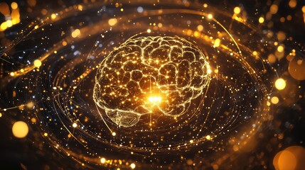 Golden glowing human brain representing artificial intelligence network