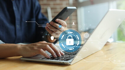 programmer man use stylus pen to check security system on database with virtual icon dashboard of cyber security for protect and prevent leakage information of company for future technology concept
