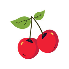Two ripe, red acerola cherries with vibrant green leaves on a slender branch, illustrated with dynamic juice splatters, highlighting fresh tropical fruit.