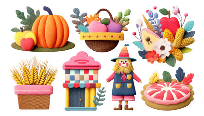 Obraz premium Colorful Pastel Autumn Harvest Elements with Scarecrow and Bountiful Baskets