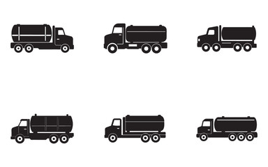 Set of Black Tanker Truck Vector Silhouettes for Industrial Transportation and Logistics Graphics with Clean and Minimalist Design Elements