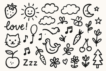 Hand drawn doodle set with cute elements