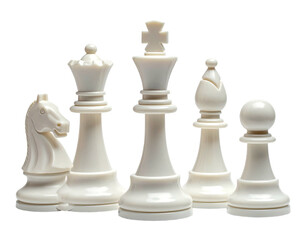 Close-up studio shot of five white chess pieces against a black background. The pieces include a knight, queen, king, bishop, and pawn