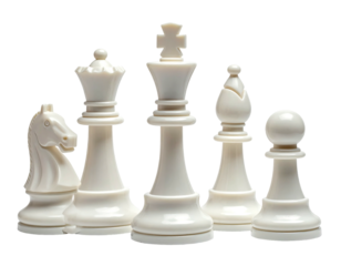 Close-up studio shot of five white chess pieces against a black background. The pieces include a knight, queen, king, bishop, and pawn