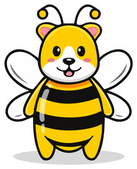 Cartoon Bee with Bear Face, Stripes, Wings and Antennas, Vector Illustration