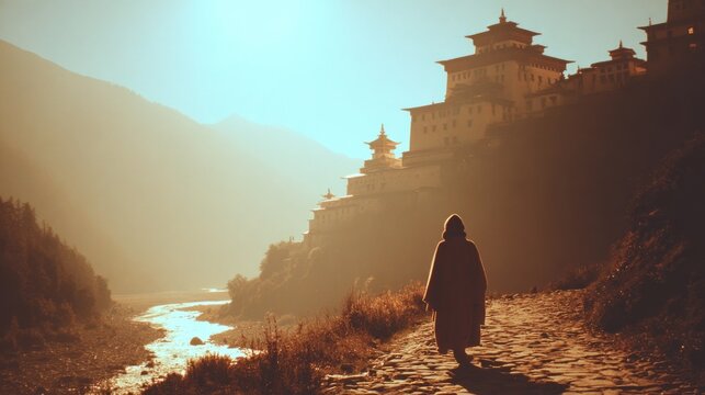 Serene Journey Through an Ancient Landscape at Dawn, Embracing Peace and Solitude - Powered by Adobe