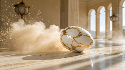 a golden kintsugi egg bursts with a cloud of shimmering dust within a grand ornate architectural setting with classic columns and lighting