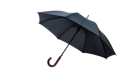 Dark open umbrella with a curved wooden handle over black