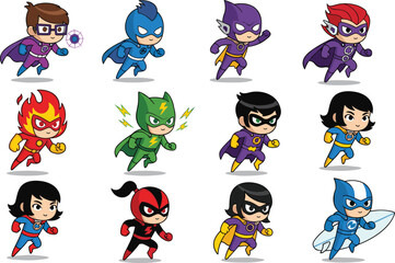 Cute cartoon superhero kids, running action, colorful costume, comic, fantasy, energetic, hero character, mask, cape, playful illustration, dynamic pose, children, adventure, power, stars, comic  © Love's World