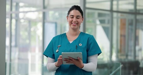 Tablet, woman and face of nurse in hospital with research for information, communication or telehealth. Portrait, internship and medical worker with digital technology for online insurance in clinic. - Powered by Adobe