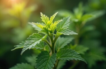 Green nettle plant grows in sunlight with blurred background. Young leaves and stems show texture. This herb is a wild plant found in nature.