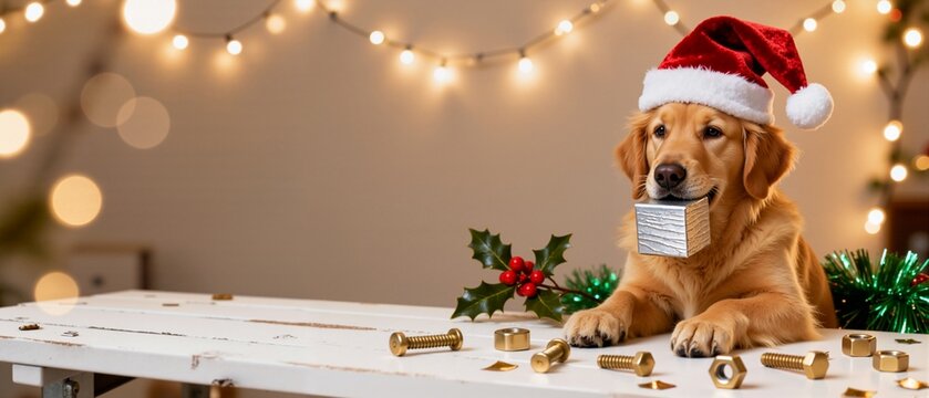 A cute golden retriever puppy in a santa hat holds a gift. Funny Christmas concept with nuts and bolts on a table. Holiday pet banner with copy space
