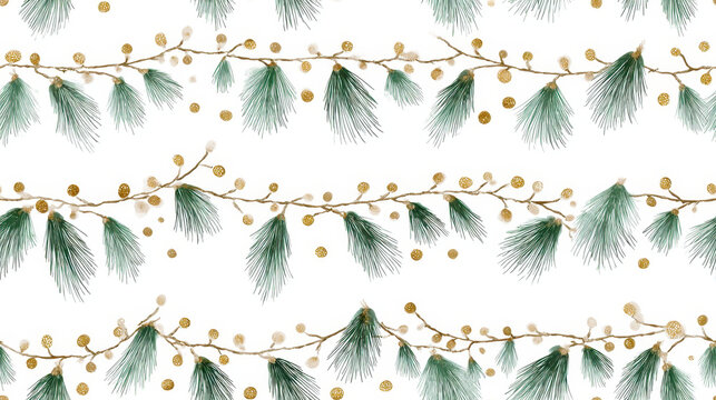Watercolor pine garland pattern with green needles and golden ornaments on a white background